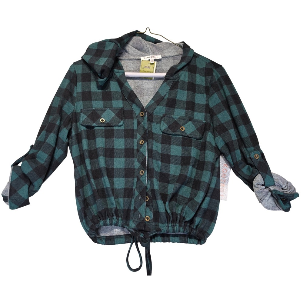 Kontrol J Green Black Buffalo Plaid Hooded Crop Top Juniors Large NWT
